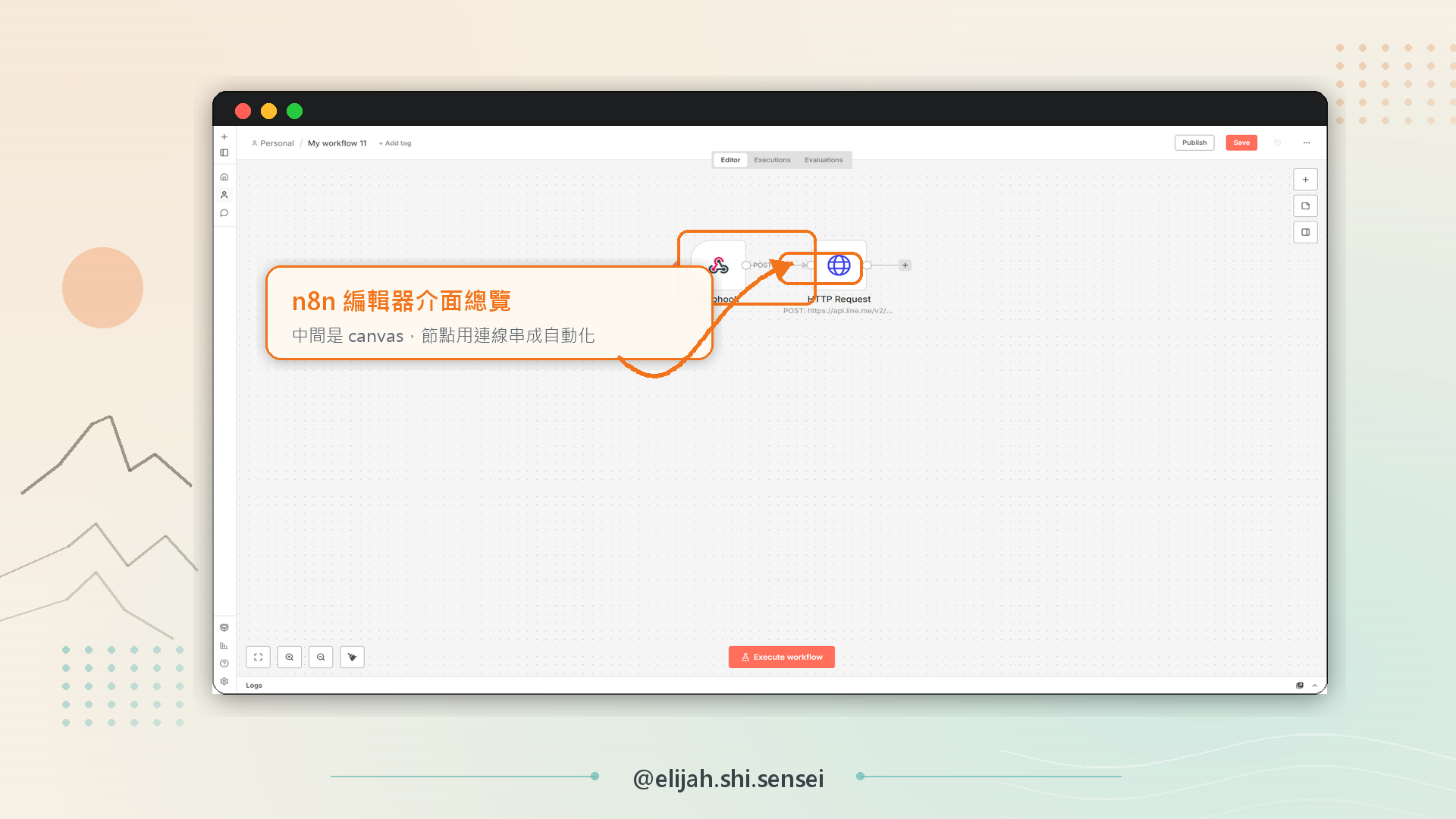 n8n 編輯器介面總覽:中間是工作流 canvas,節點用連線串成自動化流程